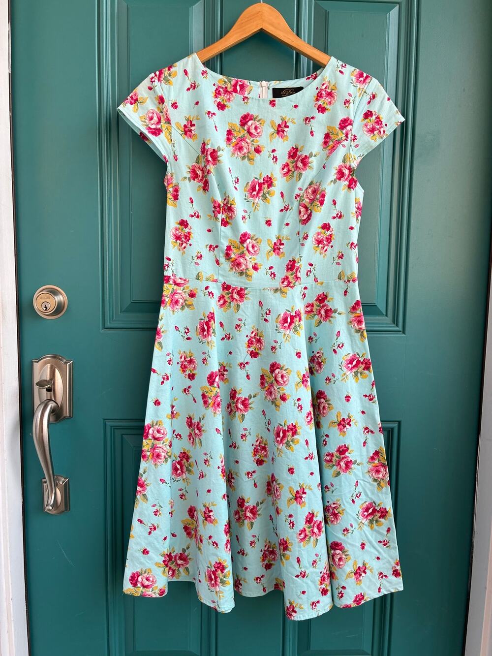 DressyStar Dress Skater Swing Retro Pink Roses on Aqua Cap Sleeves Scoop Neck M
